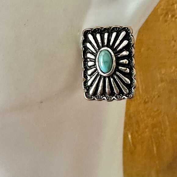 Silver tone and turquoise blue rectangular post earrings - Picture 4 of 6